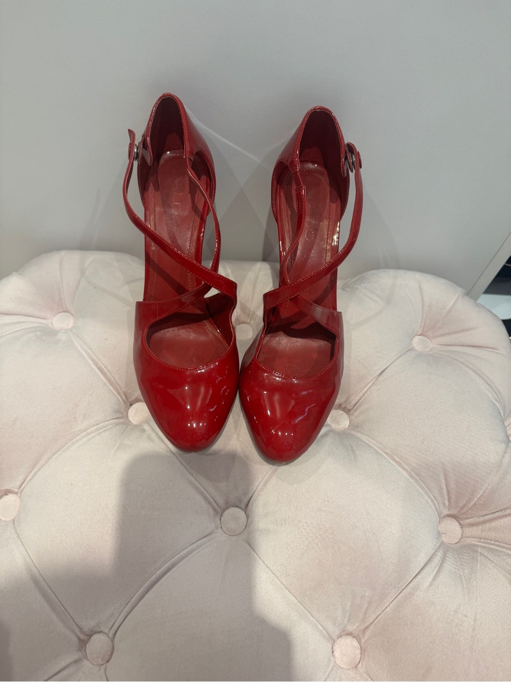 Aldo Red Patent Cross-Strap Pumps